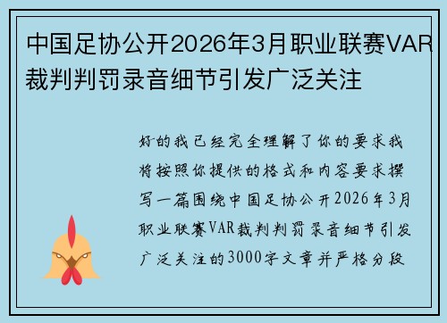 中国足协公开2026年3月职业联赛VAR裁判判罚录音细节引发广泛关注 中国足协公开2026年3月职业联赛VAR裁判判罚录音细节引发广泛关注