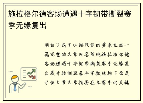 施拉格尔德客场遭遇十字韧带撕裂赛季无缘复出 施拉格尔德客场遭遇十字韧带撕裂赛季无缘复出